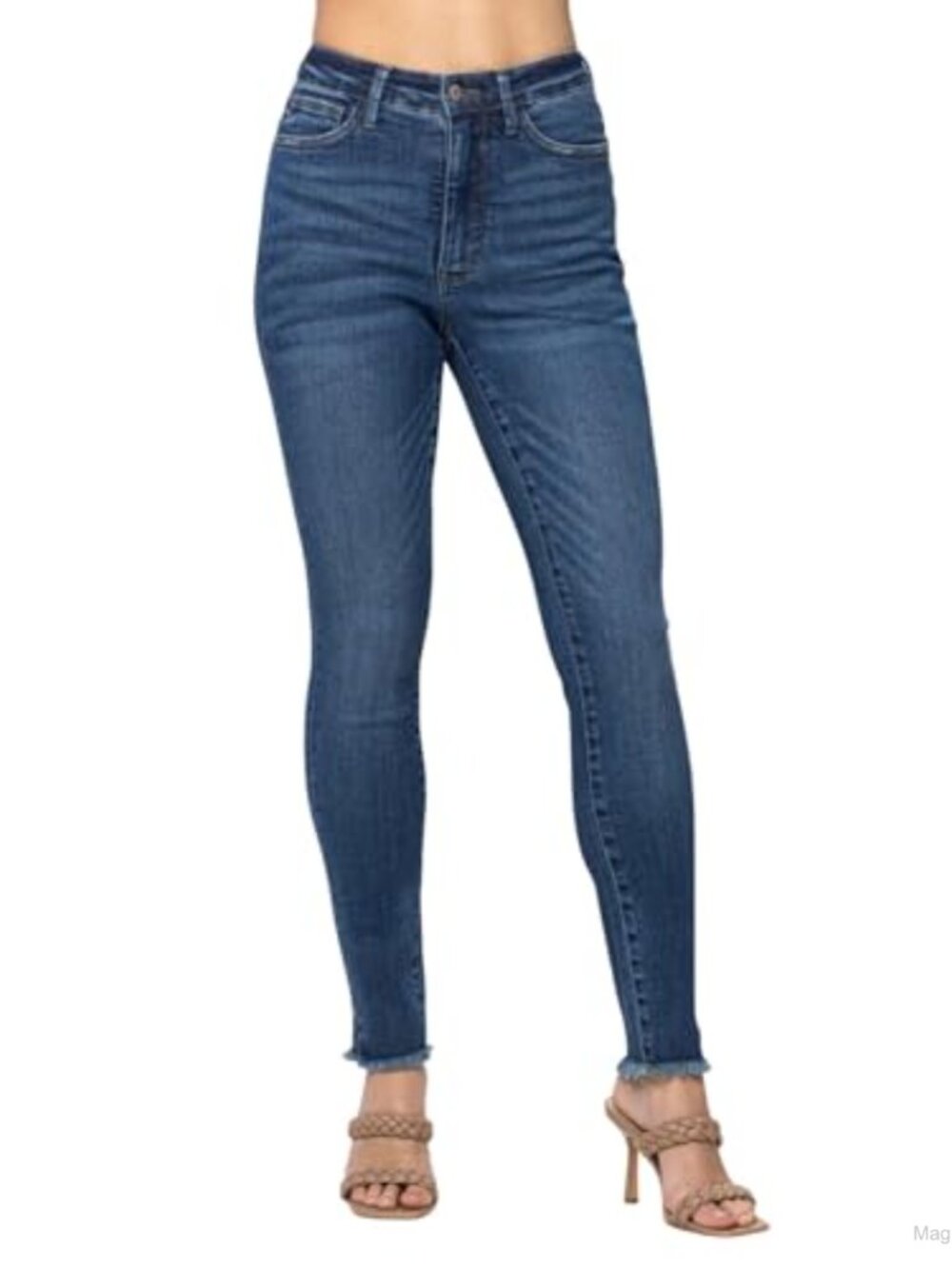High Waisted Tummy Control Side Slit Fray Hem Skinny Jeans Stretch Cotton